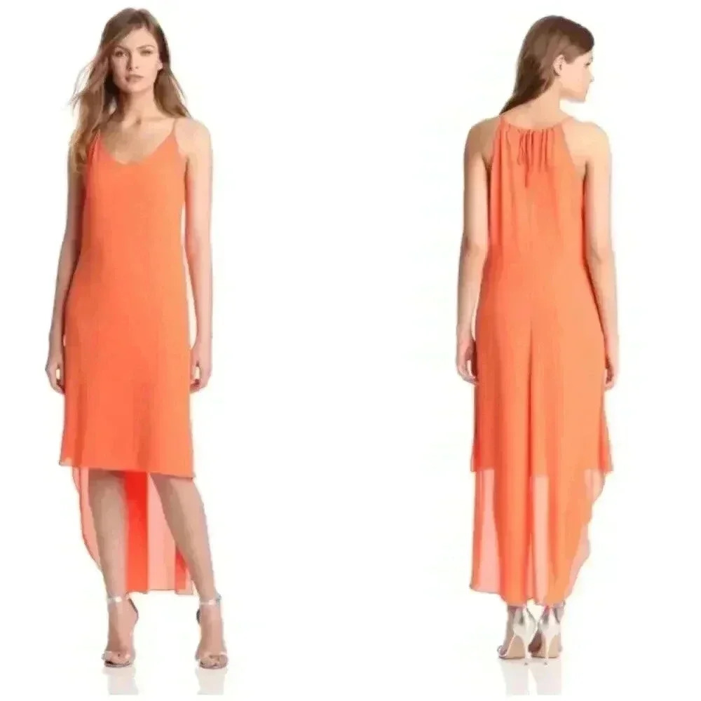 BCBGMaxAzria Rory Sleeveless Dress‎ Size Small Orange Coral High Low Maxi Slip